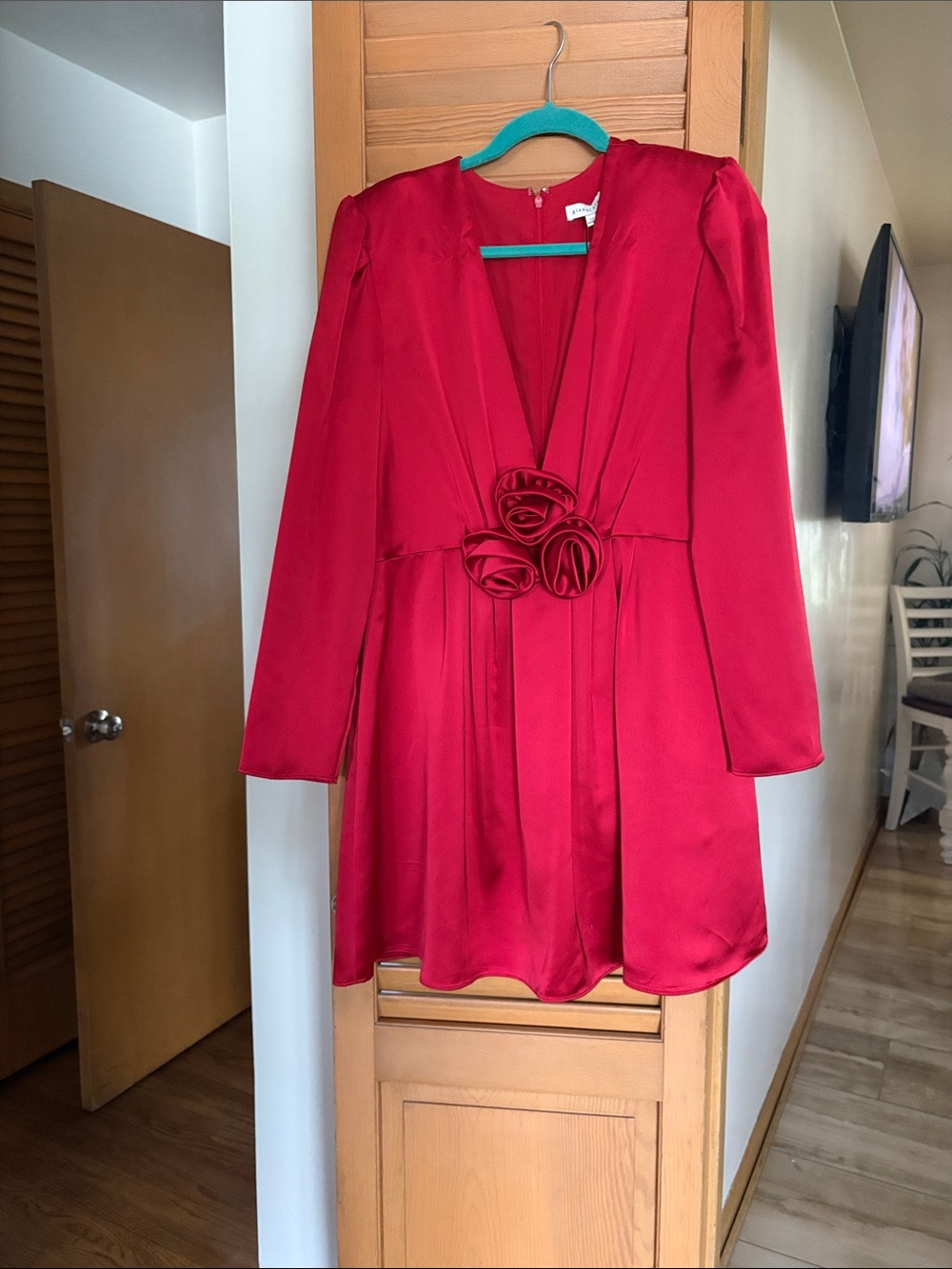 Gianni Bini Red Long-Sleeve Satin Dress with Rosette Detail